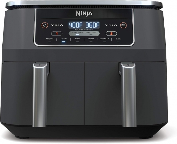 Ninja DZ201 Foodi 8 Quart 6-in-1 DualZone 2-Basket Air Fryer with 2 Independent Frying Baskets, Match Cook & Smart Finish to Roast, Broil, Dehydrate & More for Quick, Easy Meals, Grey