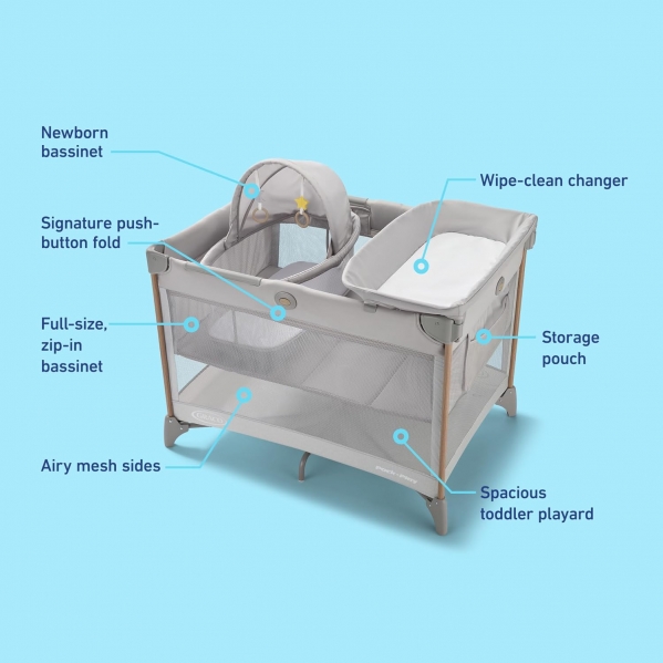 Graco Pack n’ Play CareSuite Playard, Portable Playpen with Baby Bassinet, Changing Table, Sky Lux Sky