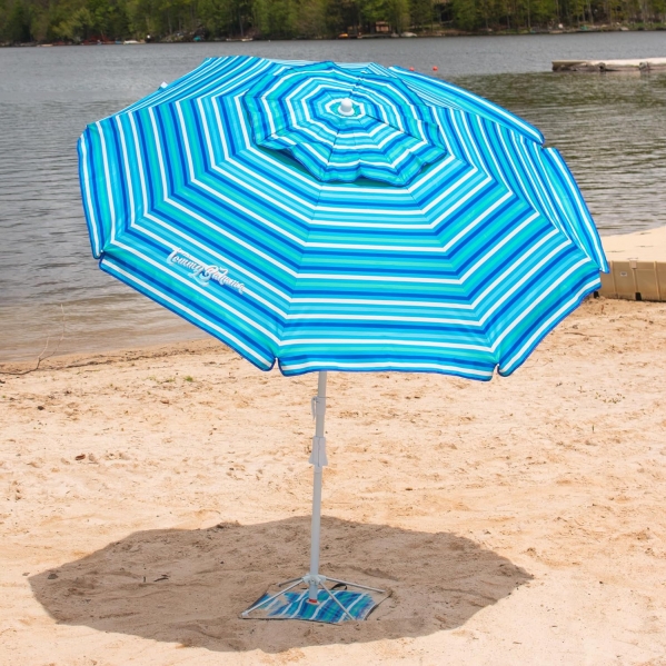 TOMMY BAHAMA UPF 50+ Tilt Beach Umbrella with Wind Vent Modern Blue Stripe