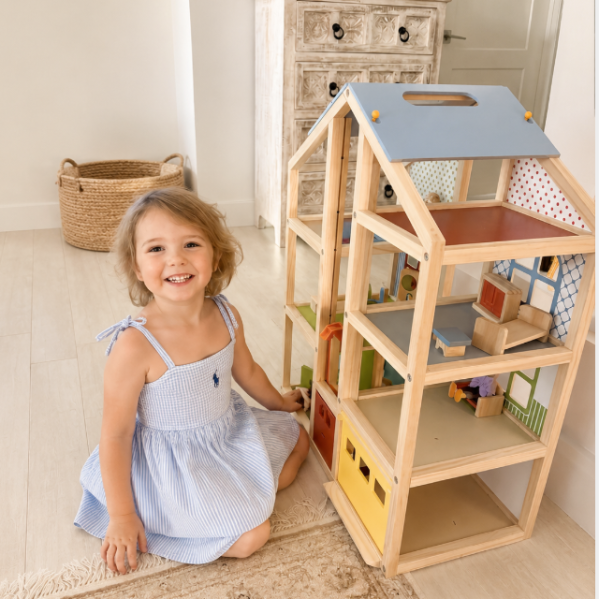 Melissa & Doug Hi-Rise Wooden Dollhouse With 15 pcs Furniture - Garage and Working Elevator