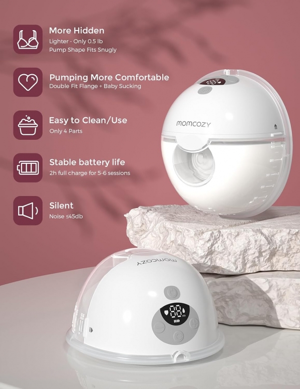 Momcozy M5 Hands-Free Wearable Breast Pump, Double-Sealed Flange for Baby-Like Comfort, 3 Modes & 9 Suction Levels, Portable Electric Pump – 24mm, 2-Pack Quill Gray 2 Count Quill Gray