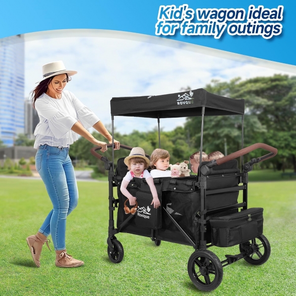 4 Seater Wagon Stroller,Foldable All-Terrain Quad Wagon Stroller with Canopy,Detachable Tray,Adjustable Handle, High Seat & Large Storage,Black Wagon Stroller for 4 kids
