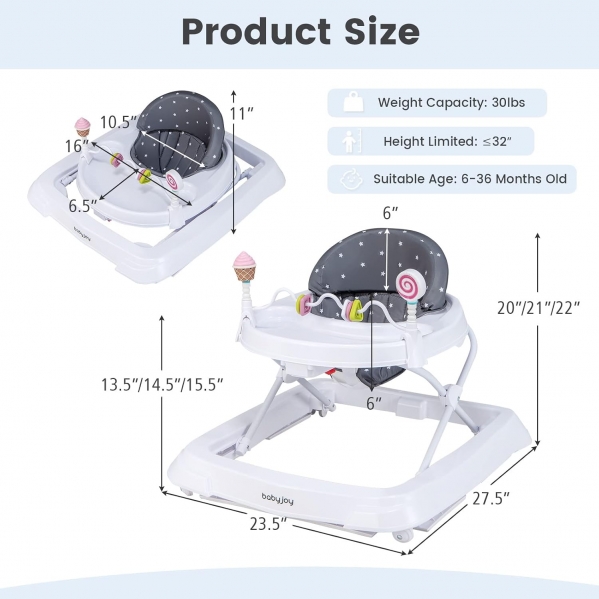 BABY JOY Baby Walker, Foldable Activity Walker Helper with Adjustable Height, Baby Activity Walker with High Back Padded Seat & Bear Toys (Gray, Star Pattern) Gray (Star Pattern)
