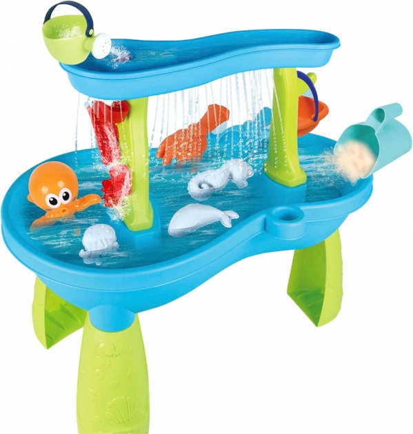 Toddler Sensory Sand and Water 2 Tier Table| Indoor & Outdoor Water and Sand Summer Beach Toys and Play Table for Kids | Backyard Sand and Water Table for 3-5 Year Old Boys and Girls