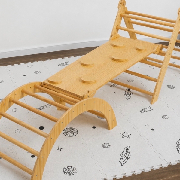 Avenlur Cedar 5-in-1 Indoor Gym Playset for Children - Montessori Waldorf Style with Triangle Ladder, Climbing Ramp, Arch Climber, Rocker, and Slide - Playground for Toddlers & Kids (18m-4yrs) Natural