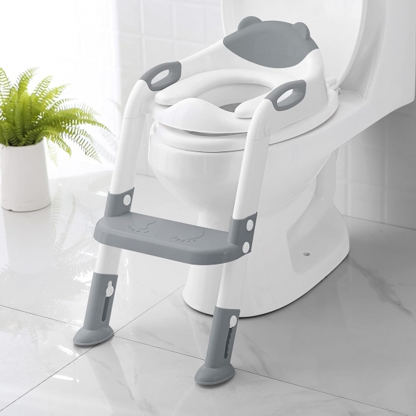 Potty Training Seat with Step Stool Ladder,SKYROKU Potty Training Toilet for Kids Boys Girls Toddlers-Comfortable Safe Potty Seat with Anti-Slip Pads Ladder (Grey) Gray