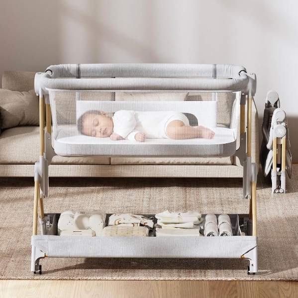 ANGELBLISS Baby Bassinet Bedside Sleeper, Easy Folding Portable Bassinet for Baby with Wheels, Adjustable Height, Included Mattress (Beige)