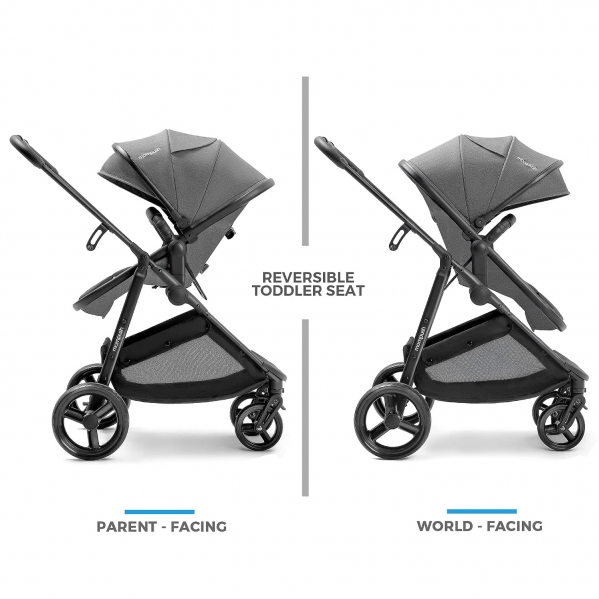 Mompush Baby Stroller with True Bassinet Mode for Newborn and Toddler, Convertible Carriage Bassinet to Stroller, Reversible Seat, Foot Cover and Rain Cover Included, Large Storage Space Black Gray