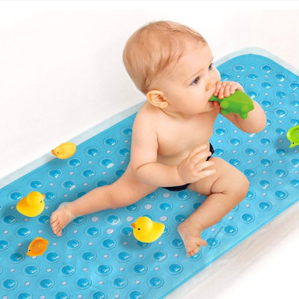 Silicone Non Slip Kids Bath Tub Mat - Anti-Slip Bathtub Mat for Baby Toddler & Adults, Bathroom Shower Safety Mat, Slip-Resistant, 35 x 15 Inches (Dark Blue)