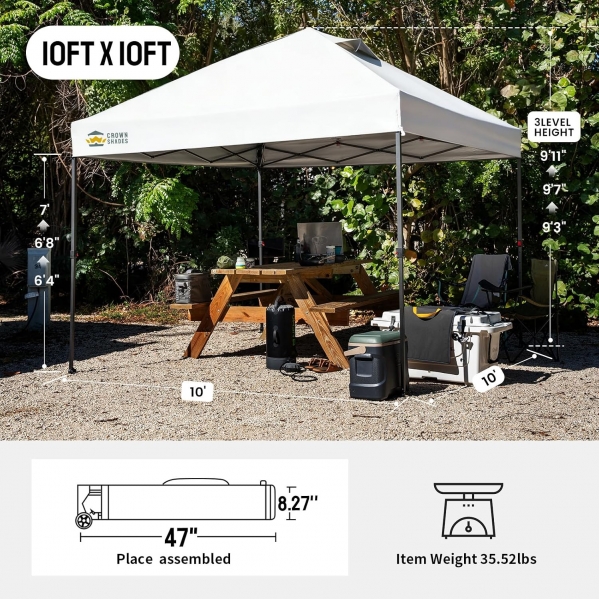 CROWN SHADES 10x10 Pop Up Canopy - Patented Center Lock One Push Instant Outdoor Canopy Beach Tent with STO-N-Go Bag 8 Stakes & 4 Sand Bags，White White 10x10 Adjustable