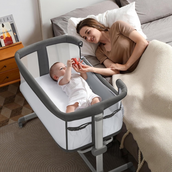 besrey Baby Bassinet Bedside Sleeper, All Mesh Bedside Bassinet for Newborn Infant with Comfy Mattress, 7 Height Adjustable Bedside Crib with 360°Swivel Wheels, Baby Bassinet Sleeper with Mesh Pockets Dark Gray
