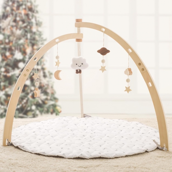 Wooden Baby Play Gym with Play Mat,Foldable Activity Center for Baby with 5 Hanging Sensory Toys,Infant Baby Play Gym with White Playmat for Newborn Baby Girls Baby Boys cloud