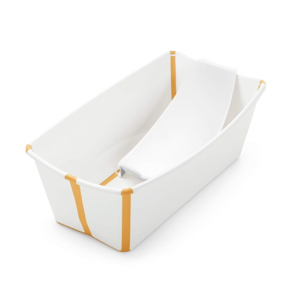 Stokke Flexi Bath Bundle, White Yellow - Foldable Baby Bathtub + Newborn Support - Durable & Easy to Store - Convenient to Use at Home or Traveling - Best for Newborns & Babies Up to 48 Months 1 Count (Pack of 1) White Yellow