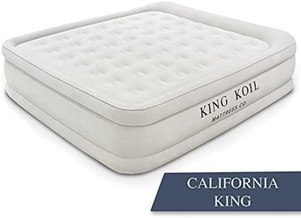 King Koil Luxury California King Air Mattress with Built-in Pump for Home, Camping & Guests - 20” King Size Inflatable Airbed Luxury Double High Adjustable Blow Up Mattress, Durable Waterproof California King Beige