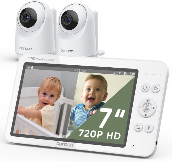 bonoch MegaView Baby Monitor with 2 Cameras, 7" 720P HD Split Screen Baby Monitor No WiFi, Video Baby Monitor with Camera and Audio, 6000mAh, VOX Mode, 2 Way Audio, Remote PTZ, Auto Night Vision 7" 720p with 2 Cameras
