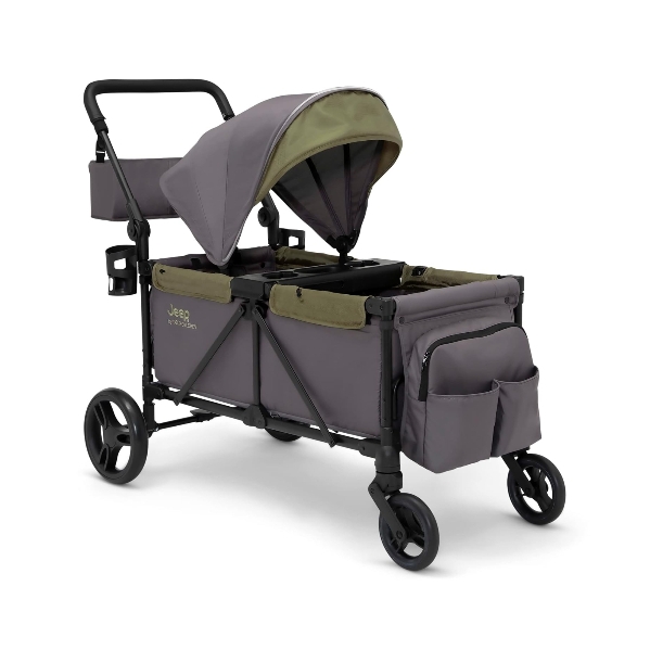 Jeep Sport All-Terrain Stroller Wagon by Delta Children - Includes Canopy, Parent Organizer, Adjustable Handlebar, Snack Tray & Cup Holders, Grey/Olive Green
