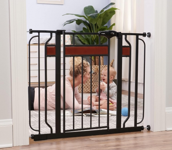 Regalo Home Accents Extra Wide Walk Thru Baby Gate, Includes Décor Hardwood, 4-Inch Extension Kit, 4-Inch Extension Kit, 4 Pack of Pressure Mount Kit and 4 Pack of Wall Cups and Mounting Kit 30 Inch Tall