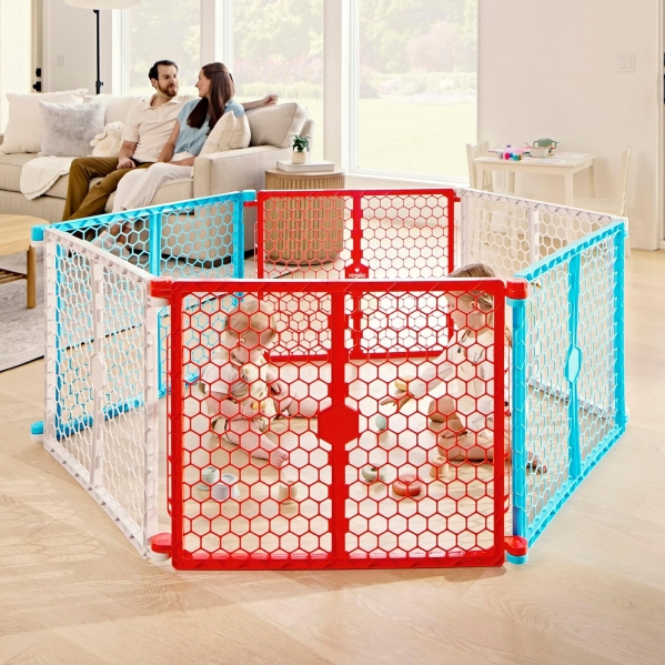 Regalo Safety 192-Inch Super Wide Baby Gate and Play Yard, 2-in-1 Convertible Plastic Baby Gate, Extra Wide Safety Barrier, Hardware Mounted, Adjustable Panels for Openings, Ages 6–24 Months Red, White and Blue