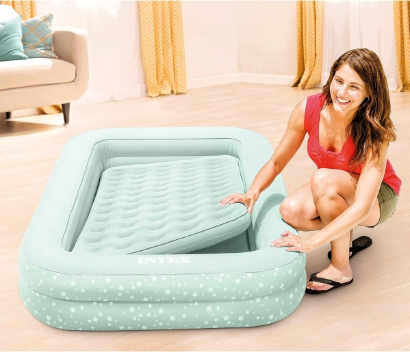 Intex Kids Travel Air Mattress Inflatable Bed Set with Raised Sides, Hand Pump, and Carrying Bag for Camping Trips and Sleepovers, (3 Pack)