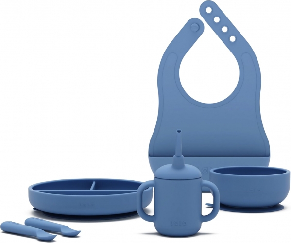 Lalo First Bites Silicone Baby Feeding Set - Baby Led Weaning Supplies - Non-Toxic Silicone - Includes 1 Bib, 2 Spoons, Training Cup, Suction Plate and Bowl - 6 Pieces - Blueberry Blueberry Full Kit