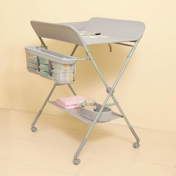 Karaok Baby Changing Table with Wheels, Portable Diaper Changing Station with 4-Level Height Adjustment & Storage Rack for Newborn, Infant(Light Grey)