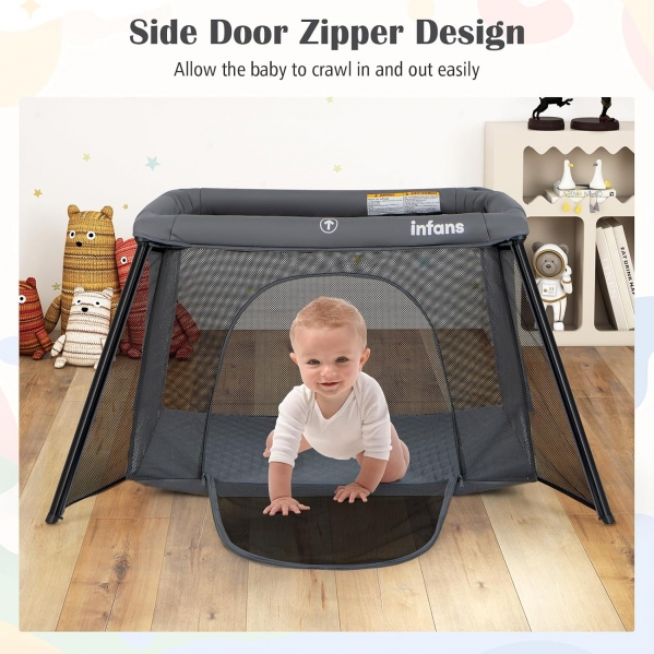 INFANS Travel Crib, Portable Baby Playpen with Removable Bassinet Soft Mattress Carry Bag, Foldable Lightweight Playard for Newborns Toddlers (Dark Gray)