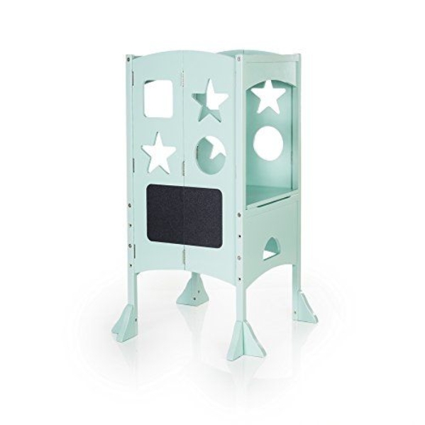Guidecraft Classic Kitchen Helper Stool - White with 2 Keepers and Non-Slip Mat: Foldable, Adjustable Height Safety Cooking Tower for Toddlers with Chalkboard and Whiteboard Message Boards