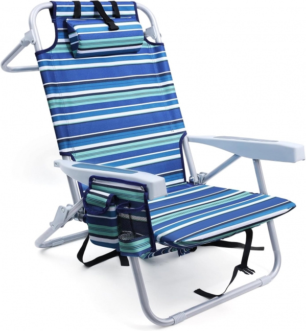 Beach Chairs for Adults Heavy Duty, Compact Portable Lay Flat Folding Chair with Backpack Straps and Large Cooler Pouch, Support to 350LBS (Stripes_Blue&Cyan) Stripes-blue&cyan