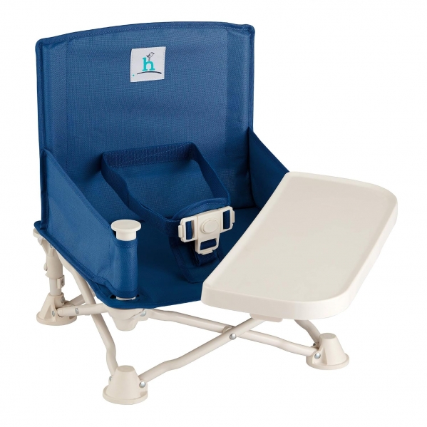 hiccapop Omniboost Travel Booster Seat with Tray for Baby | Folding Portable High Chair for Eating, Camping, Beach, Lawn, Grandma’s | Tip-free Design Straps to Kitchen Chairs - Go-anywhere High Chair. Midnight Blue
