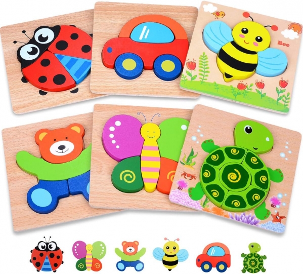 MAGIFIRE Wooden Toddler Puzzles Gifts Toys for 1 2 3 Year Old Boys Girls Baby Infant Kid Learning Educational 6 Animal Shape Jigsaw Eco Friendly Child Kid Montessori Stem Travel Toy 6 Pack