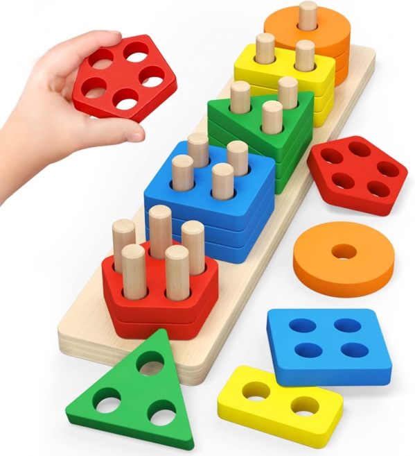 Montessori Toys for 1 to 3-Year-Old Boys Girls Toddlers, Wooden Sorting & Stacking Toys for Toddlers and Kids Preschool, Educational Toys, Color Recognition Stacker Shape Sorter, Learning Puzzles Gift Bright