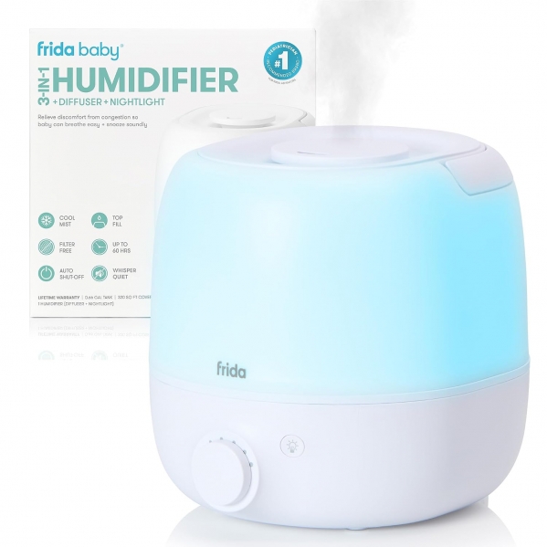 Frida Baby 3-in-1 Cool Mist Humidifier for Large Rooms, Top Fill Humidifier for Bedroom, Allergy Relief, 60 Hour Runtime + Nightlight, Auto Shut-Off, Quiet, Carry Handle, Essential Oil Diffuser 0.6 Gallon Tank