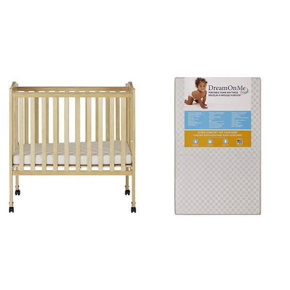 Dream On Me 2 in 1 Lightweight Folding Portable Stationary Side Crib with Dream On Me 3 Portable Crib Mattress, White