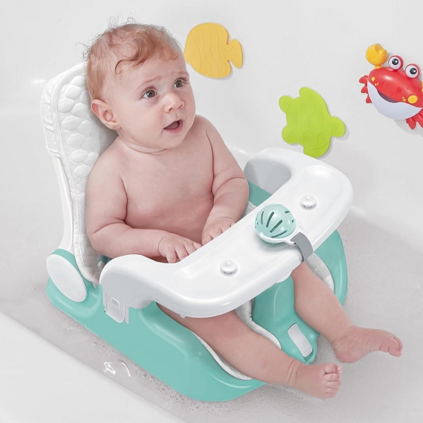 BabyBond Baby Bath Seat with Sitting & Lying 2 Modes, 3-Speed Adjustment, Powerful Suction Cups, Infant Bathtub Chair with Soft and Comfortable Towel, Folding and Hanging Green