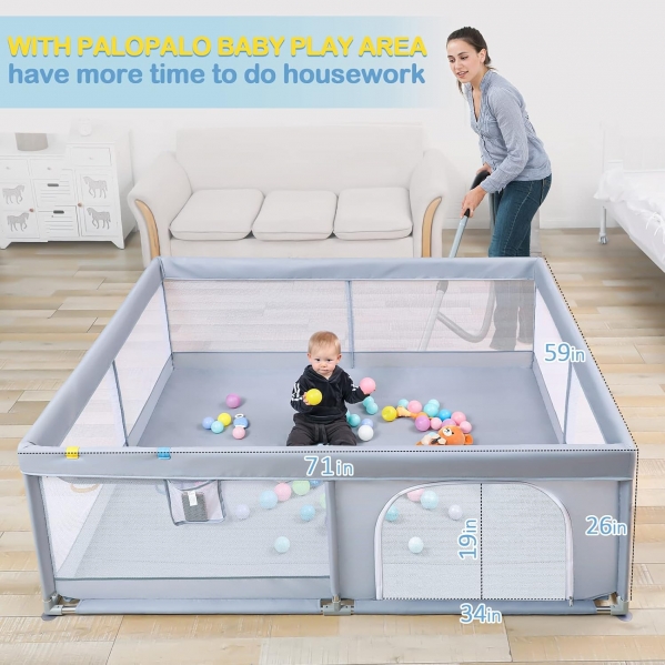 Baby Playpen Palopalo Play Pen for Babies and Toddlers 71”x59” Extra Large Playard Activity Center Soft Mesh Baby Fence Ball Pits Infants Sturdy Safety Area All Wrapped Cushion & Anti-Slip Base, Gray Playpen Only 71*59''