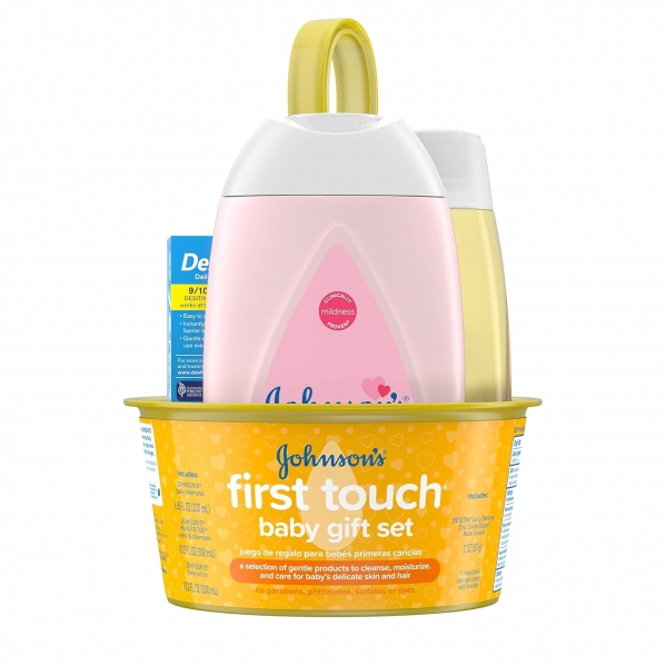 Johnson's First Touch Baby Gift Set, Baby Bath, Skin, & Hair Essential Products, Kit for New Parents with Wash, Shampoo, Lotion, & Diaper Rash Cream, Hypoallergenic & Paraben-Free, 5 items