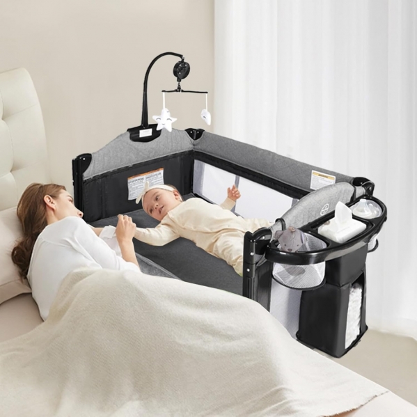 Kinder King 4 in 1 Portable Nursery Center, Foldable Baby Bedside Crib w/Bassinet, Infant Pack n Play Playard Toddler Large Playpen, Newborn Changing Table, Storage Basket, Side Zipper Grey