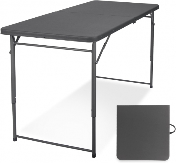 Folding Table 4 Foot, Portable Plastic Card Heavy Duty Fold-in-Half Small Foldable Table, Indoor Outdoor Adjustable Height Folding Table with Carrying Handle for Picnic, Camping, Party, Grey