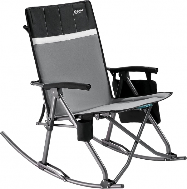 PORTAL Oversized Folding Rocking Camping Chair Portable Outdoor Rocker with High Back Hard Armrests Carry Bag, Supports 400 lbs, Padded Back，Grey Grey/Black