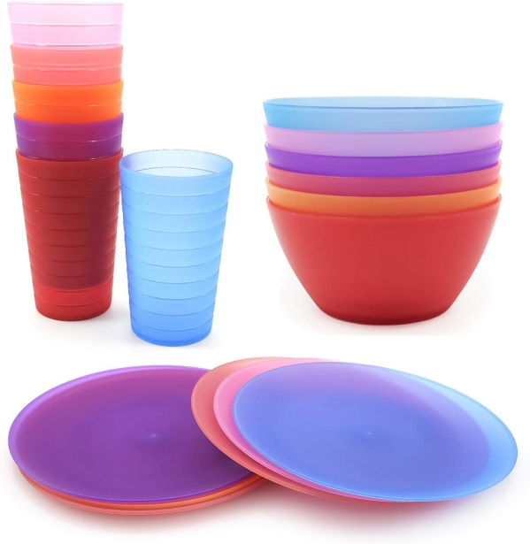 18-Piece Plastic Dinnerware Set, Unbreakable and Reusable Plastic Plates Plastic Bowls Plastic Tumblers, Multicolor Brightcolor