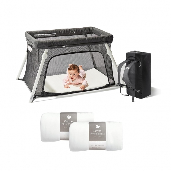 Guava Lotus Travel Crib Bundle with Two Cotton Sheets & Mattress | Play Yard with Lightweight Backpack Design | Certified Baby Safe Portable Crib | Folding Portable Playpen for Babies & Toddlers