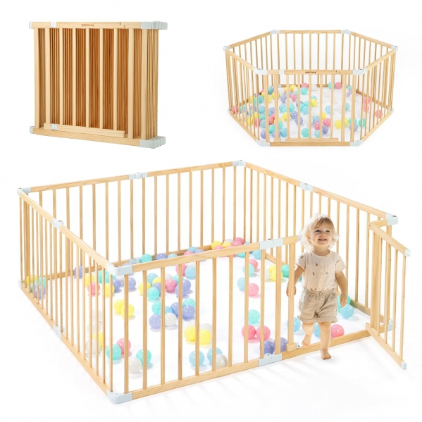 Wooden Baby Playpen with Door, Changeable & Expandable Baby Play Fence for Toddlers, Large Wood Playpen Safety Baby Gate Playard, Safe Play Area Kids Activity Center Indoor Outdoor(26" Tall, 8-Panel)