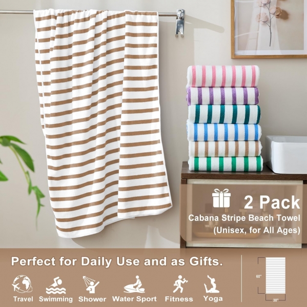 JML Beach Towels Set of 2, 30" x 60", Cabana Stripe Coffee Stripe Coffee 2 Pack (30 in x 60 in)