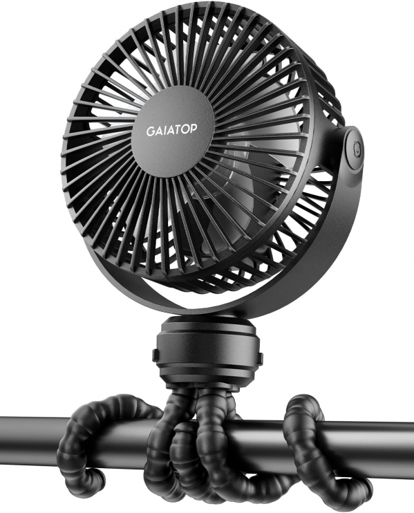 Gaiatop Mini Portable Stroller Fan, Battery Operated Small Clip on Fan, Detachable 3 Speed Rechargeable 360° Rotate Flexible Tripod Handheld Desk Cooling Fan for Car Seat Crib Treadmill Travel Black