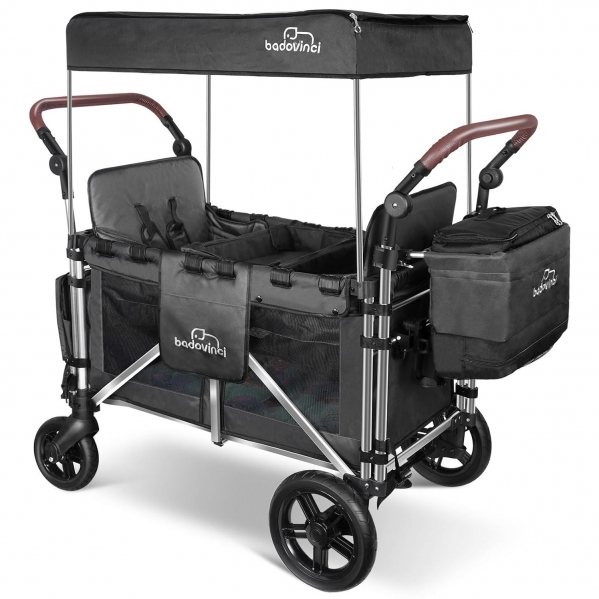 Stroller Wagon for 2 Kids, Wagon Cart Featuring 2 High Seat with 5-Point Harnesses and Adjustable Canopy, Foldable Push-Pull Rod Wagon Stroller for Garden, Stroller, Camping, Grocery Cart Gray